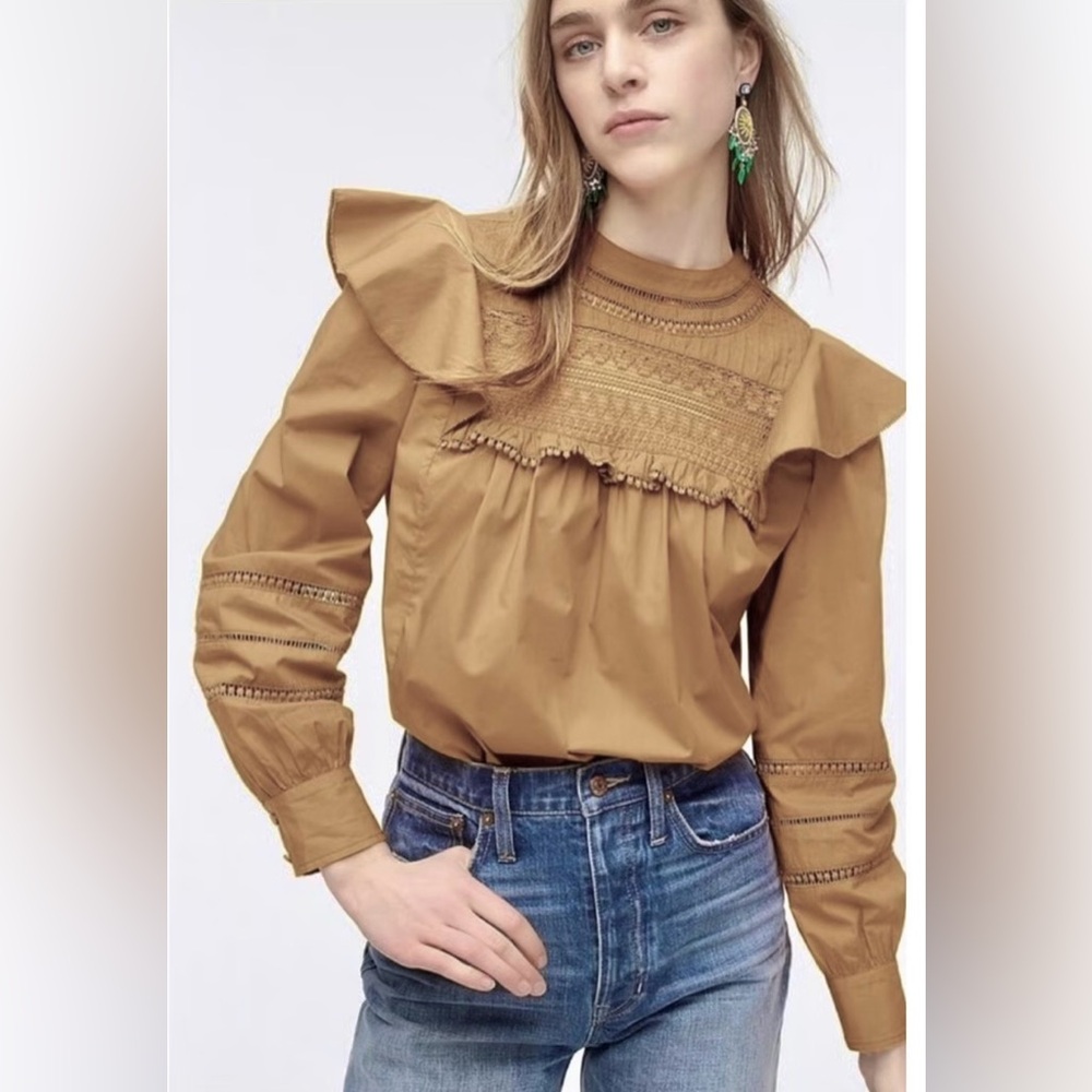 J. Crew Crocheted Lace Ruffle Top Women's XS Olive Green Cottagecore Retro 90s